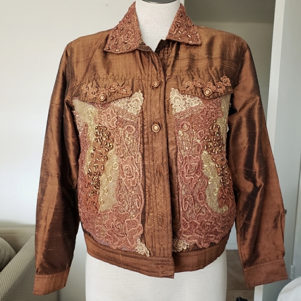 Coldwater Creek Bronze Lace & Bead Silk Collared Button Women's Jacket Size SP